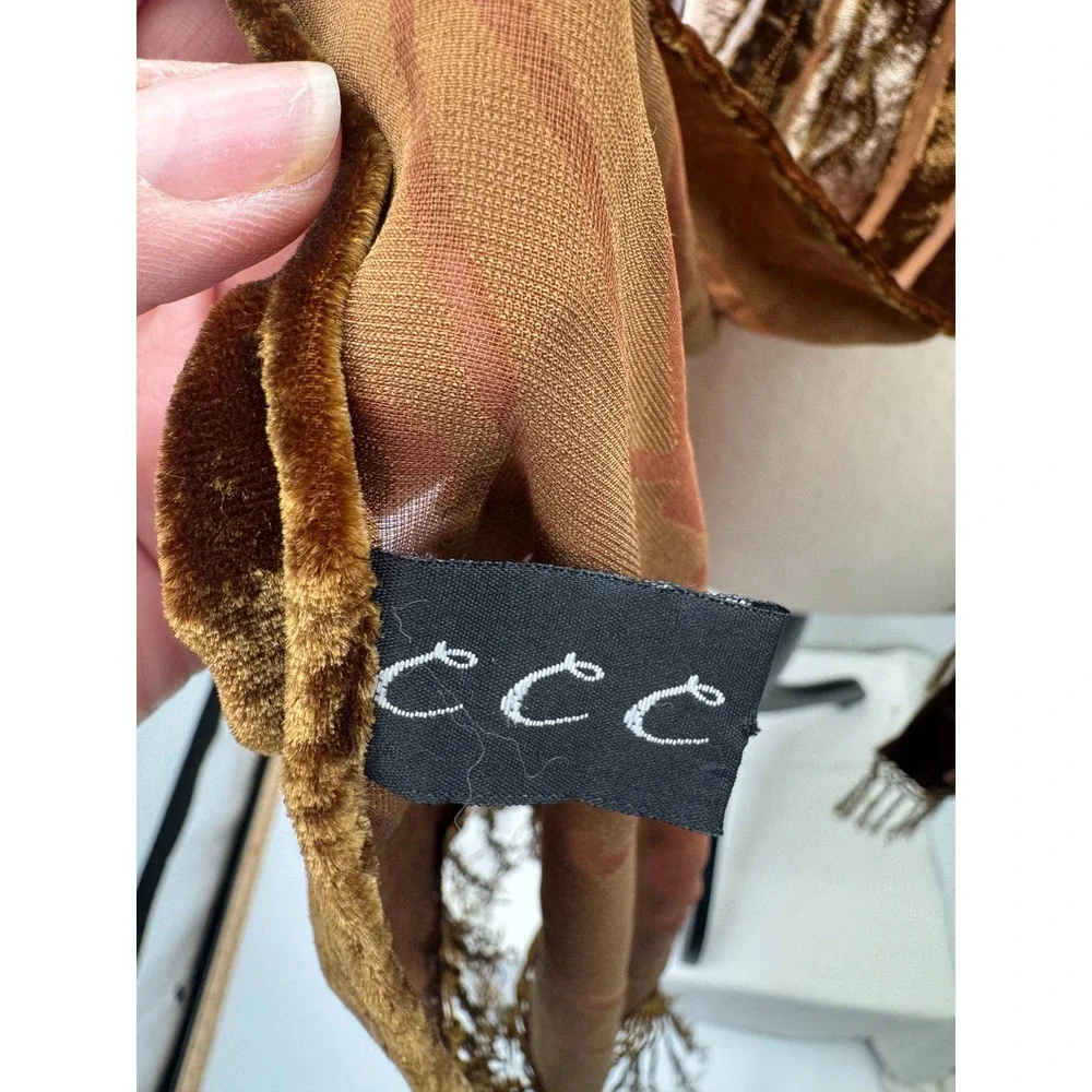 CCC Whimsigoth Boho Brown Paisley Velvet Burnout Silk Scarf Wrap Shawl Fringe